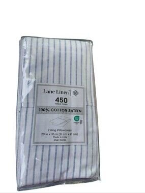 Lane Linen Cotton Sateen King (2) Pillowcases  White with Blue  New In Package3